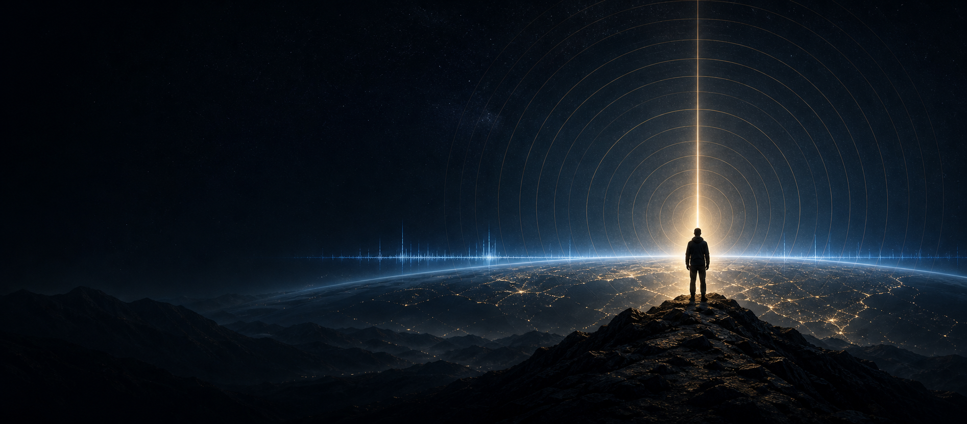 A lone observer overlooking the illuminated Earth beneath concentric signal rings